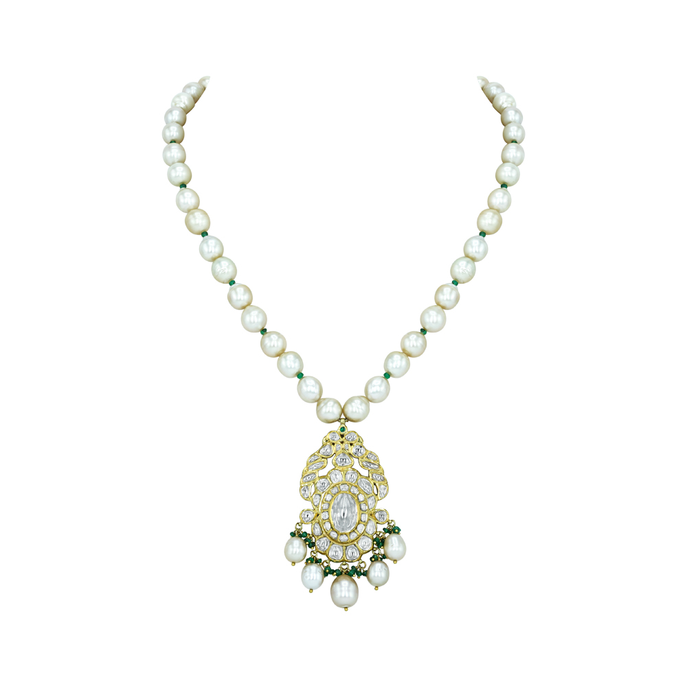 Pearl Strand Necklace with Polki Pendant and Emerald Beads